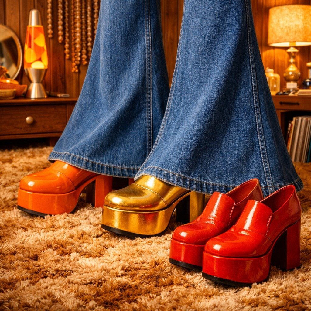 70s Inspired Outfits with 22 Groovy Looks to Try Now 5 Three pairs of colorful platform shoes in orange, gold, and red on a shag carpet.