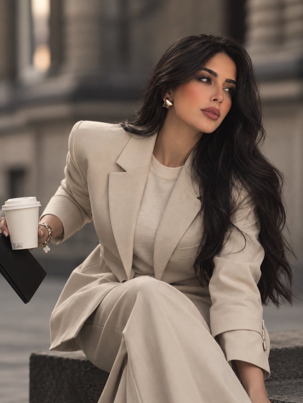 Woman wearing a beige blazer and matching wide-leg trousers holding a coffee cup.