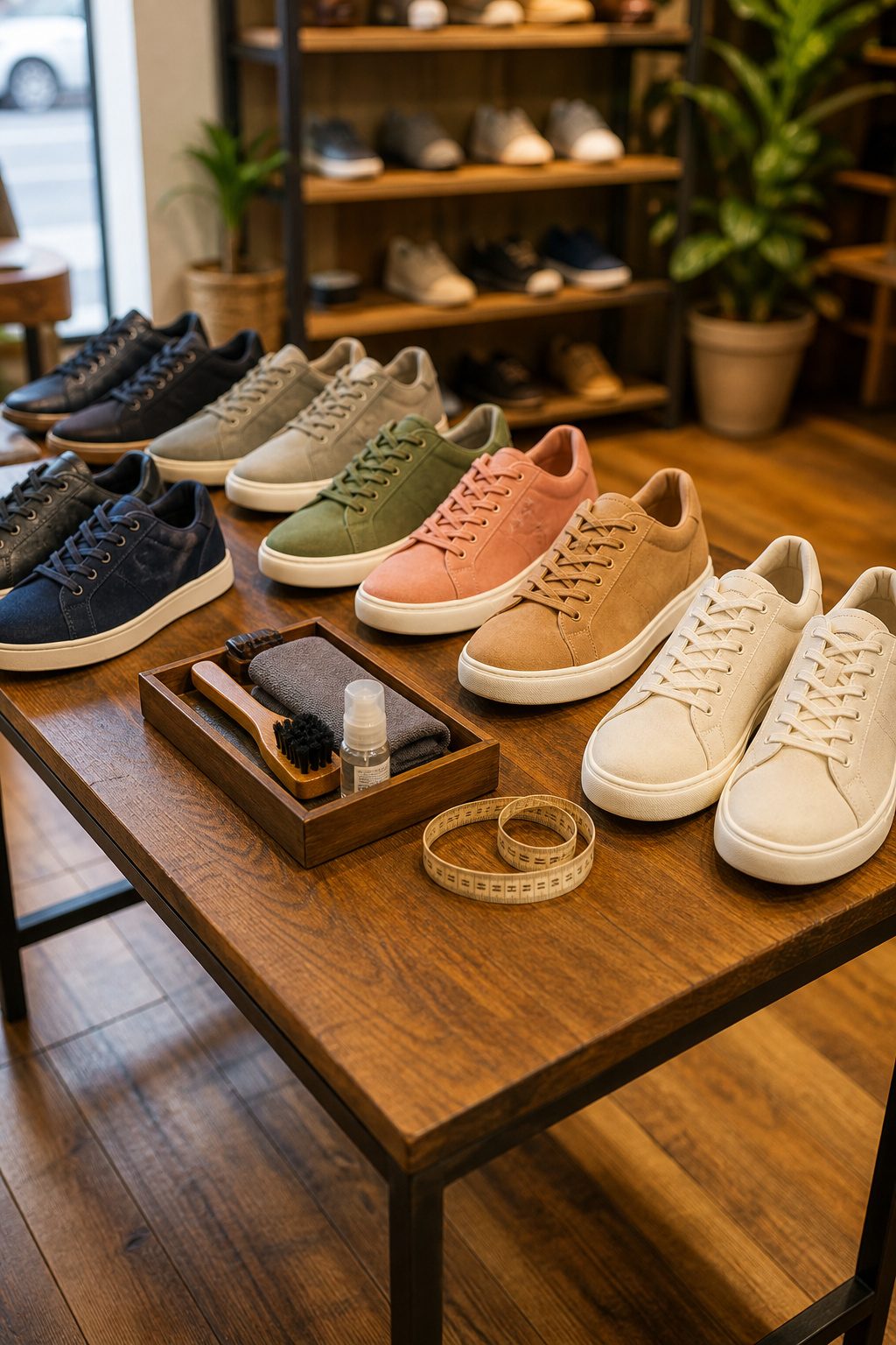 A well-organized display of various casual sneakers for women in a store.