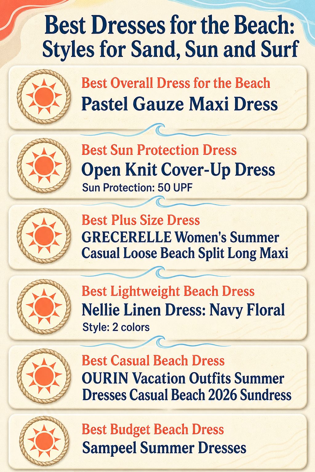 An infographic comparing various beach dresses with titles and product details.