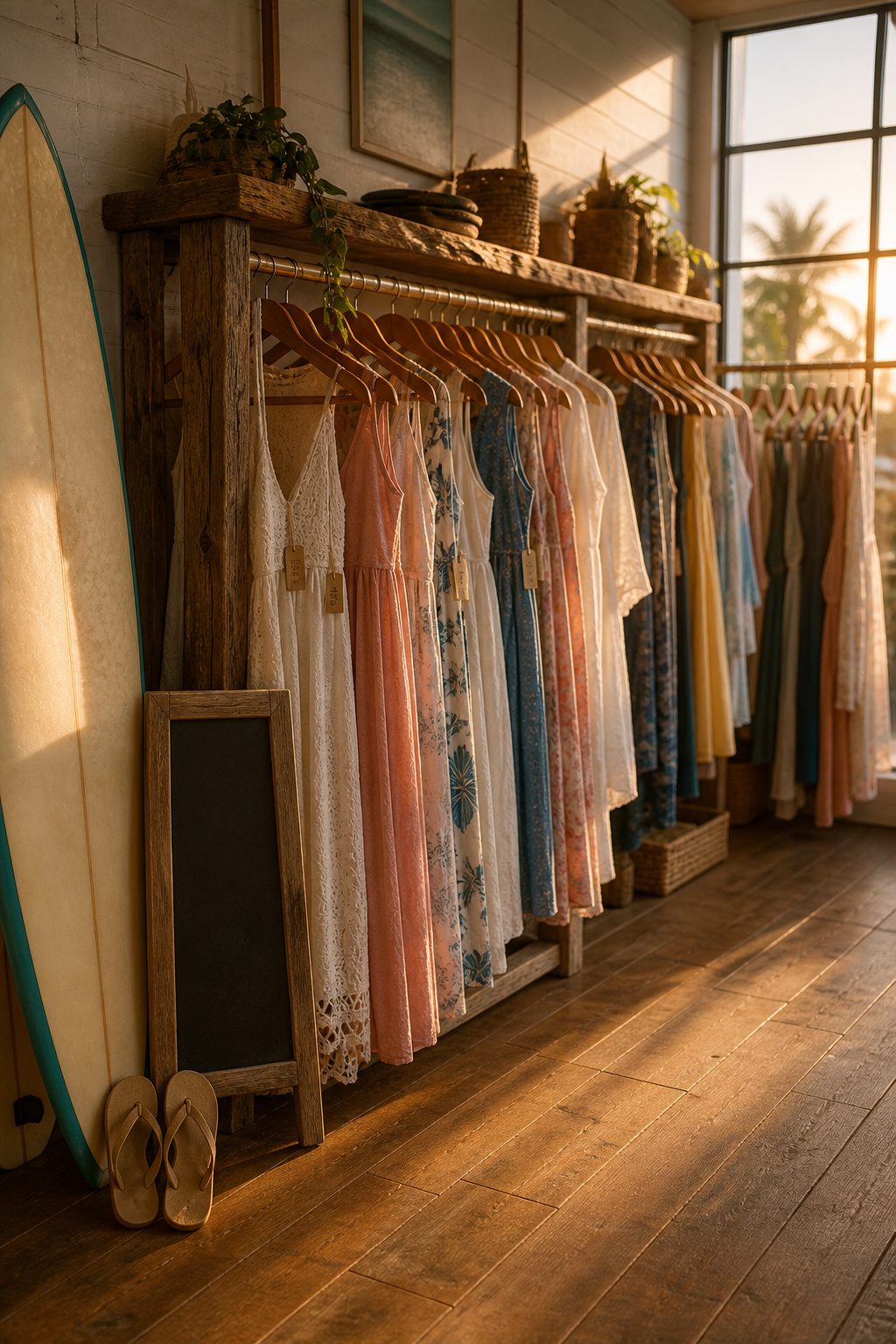 A cozy beachside boutique with colorful dresses displayed outside.