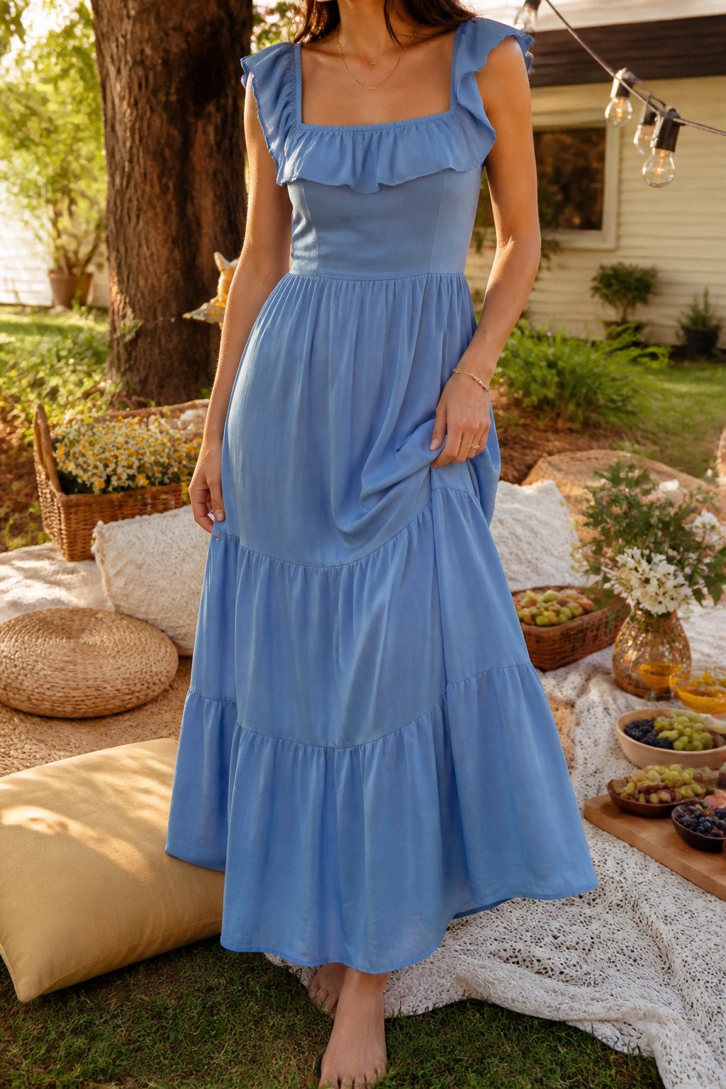 Model in the ANRABESS Square Neck Ruffle Maxi Dress at a picnic.