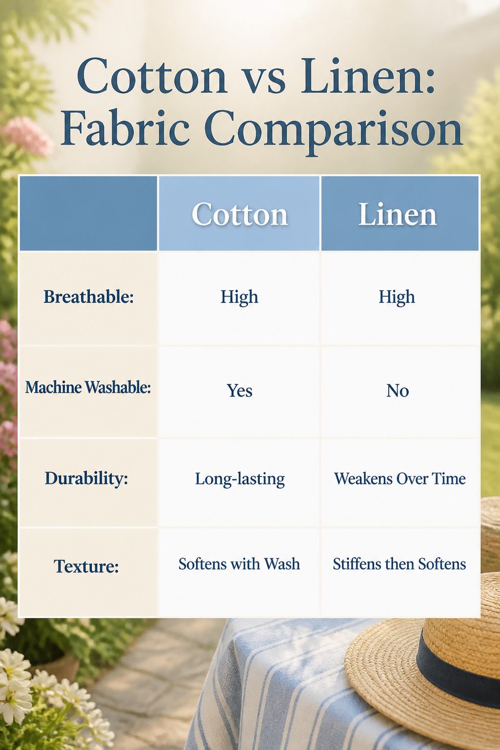 Comparison image of cotton and linen fabrics for summer clothing.