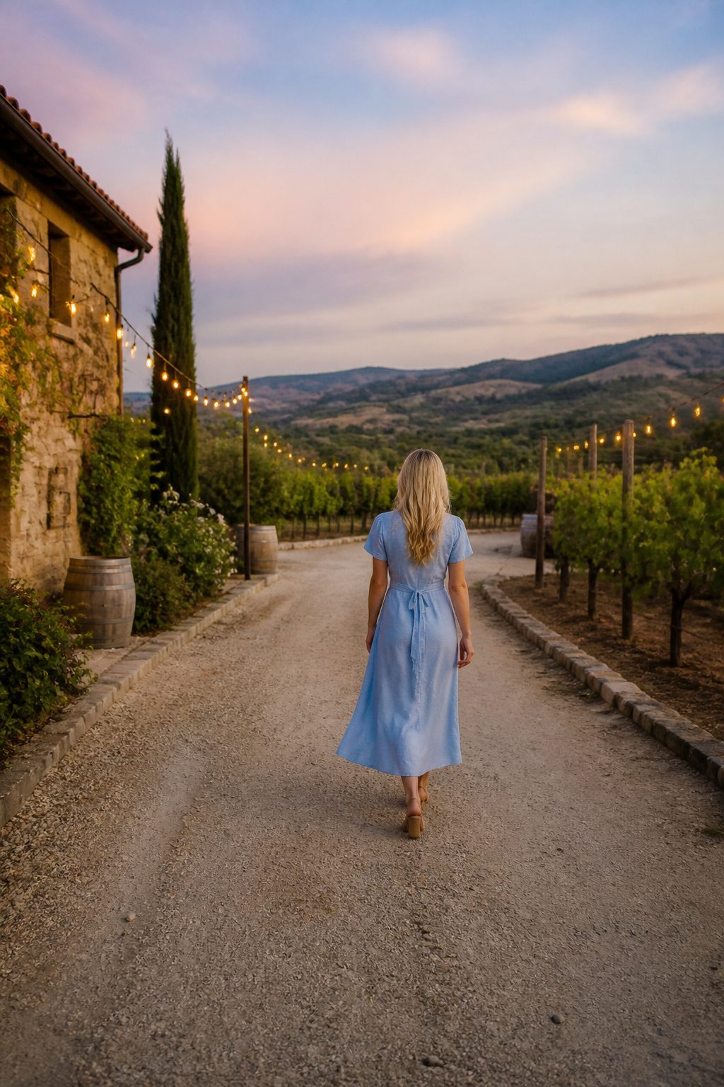 Model wearing a Linen Midi Wrap Dress in a casual setting.