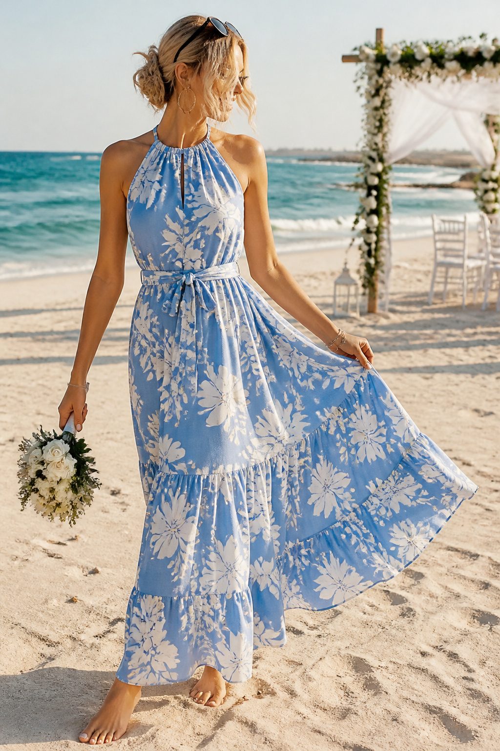 Model in the PRETTYGARDEN Halter Maxi Sun Dress with floral print.