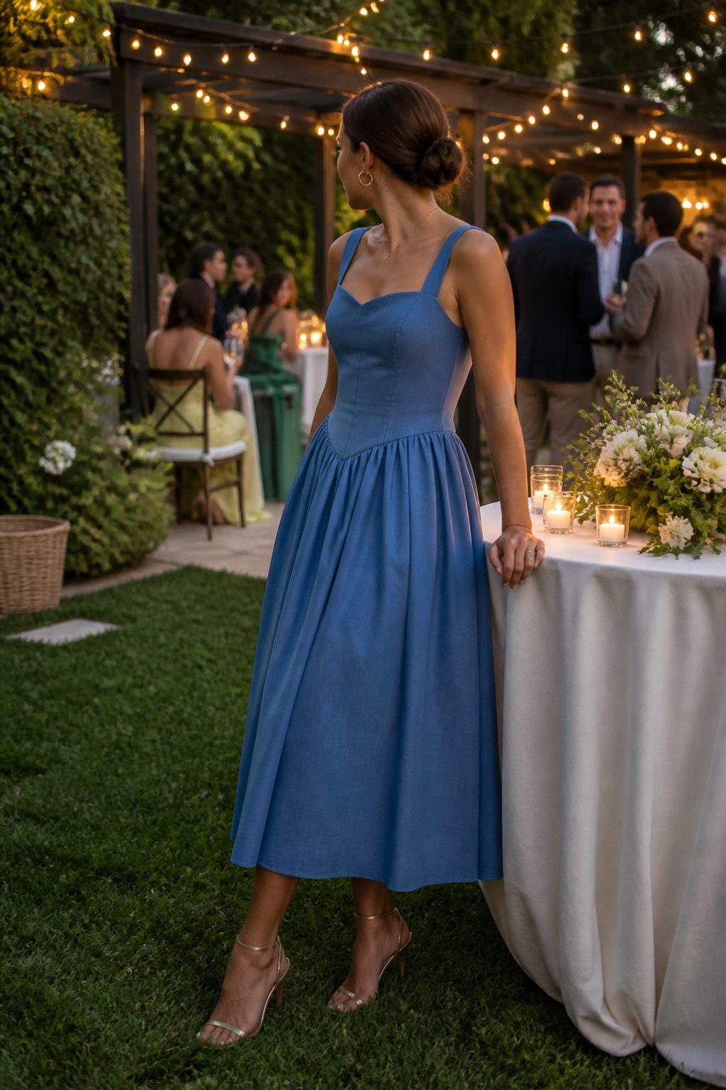 Model in the Sleeveless Corset Bodice Dress at a sophisticated event.