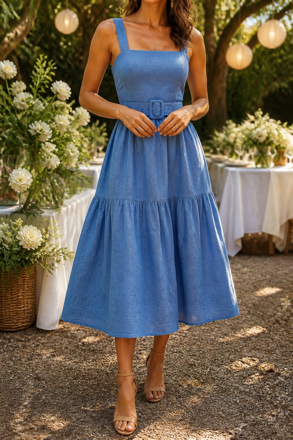 Model wearing a Voluminous Belted Linen Midi dress with a square neckline.