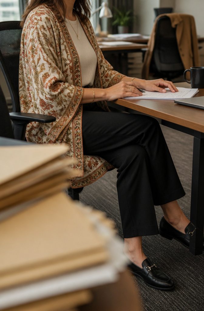 Boho Business Casual Outfits for the Office 4 Black pants and a simple top under a printed kimono