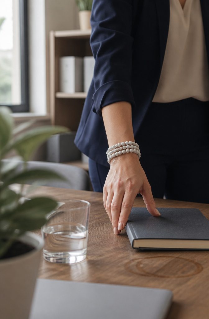 Boho Business Casual Outfits for the Office 8 White Howlite bead cuff with wing charms beside a closed notebook