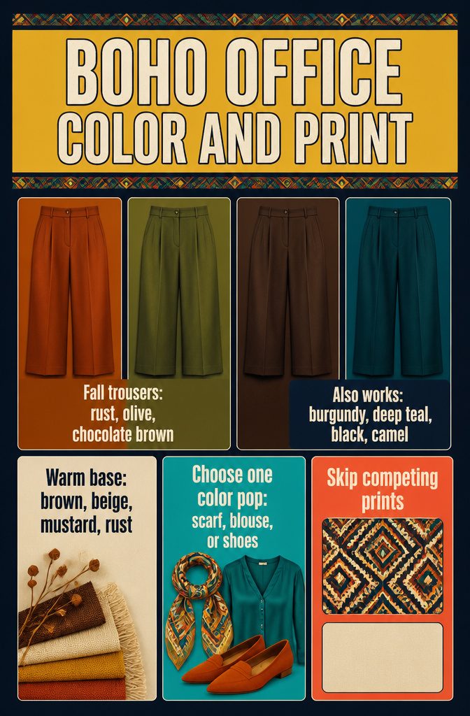 Boho Business Casual Outfits for the Office 10 Fashion graphic titled Boho Office Color and Print