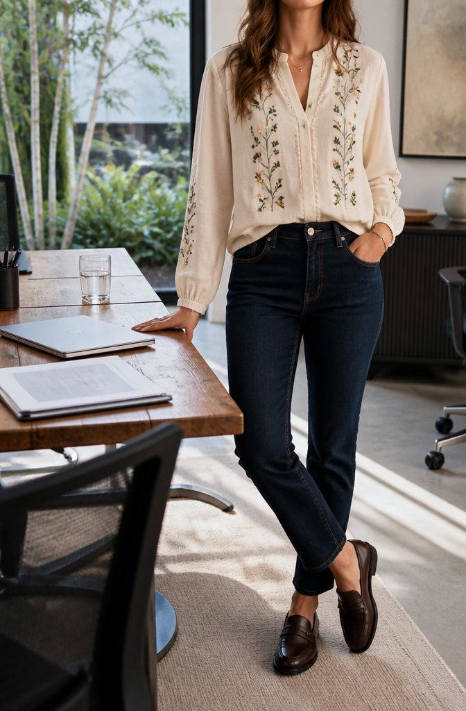 Boho Business Casual Outfits for the Office 2 Dark jeans with an embroidered blouse and polished loafers