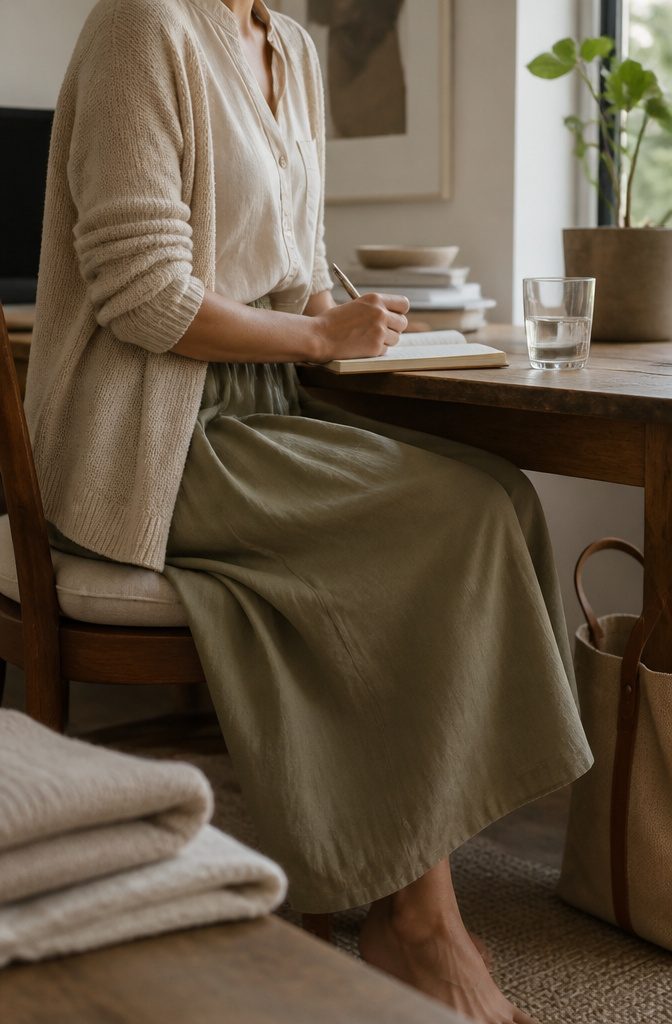 Boho Business Casual Outfits for the Office 11 Lined cotton skirt with an elastic waistband, linen blouse, and light cardigan