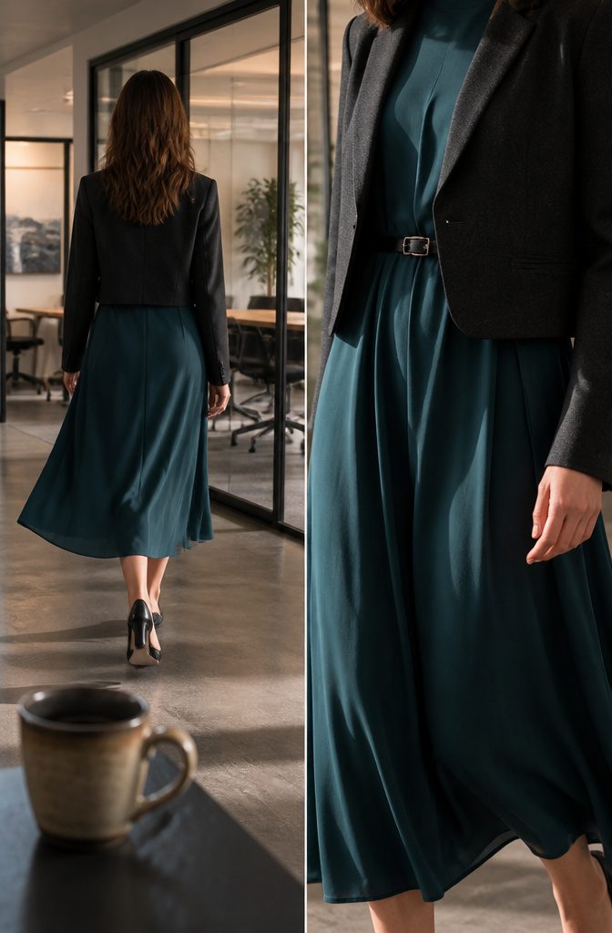 Boho Business Casual Outfits for the Office 3 Flowy midi dress layered with a cropped structured blazer