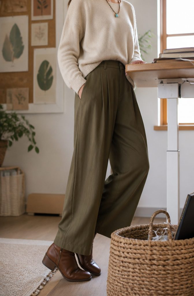 Boho Business Casual Outfits for the Office 6 Flowy trousers with a soft sweater, ankle boots, and turquoise necklace