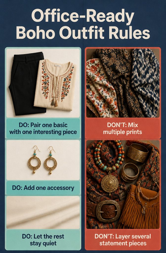 Boho Business Casual Outfits for the Office 13 Fashion graphic titled Office-Ready Boho Outfit Rules