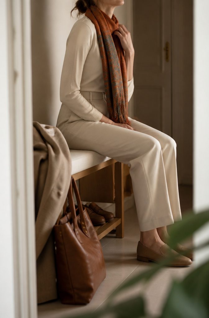 Boho Business Casual Outfits for the Office 5 Cream outfit with a patterned scarf as its single statement piece
