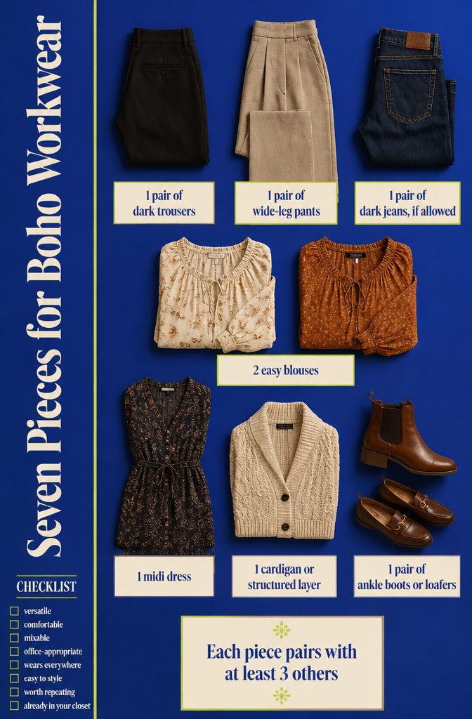 Boho Business Casual Outfits for the Office 14 Fashion graphic listing seven pieces for boho workwear