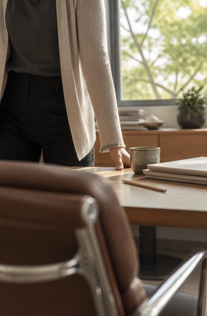 Boho Business Casual Outfits for the Office 9 Charcoal top and black trousers with a cardigan featuring short sleeve fringe