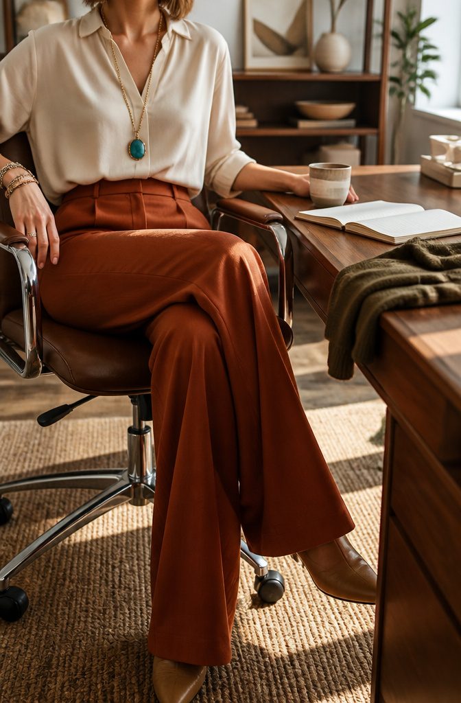 Boho Business Casual Outfits for the Office 1 Rust wide-leg pants with a plain blouse and turquoise pendant necklace