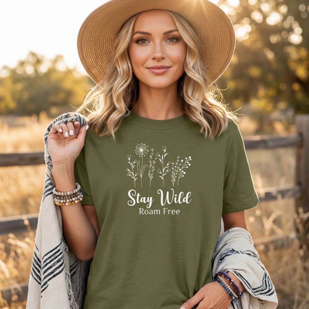 Blonde woman in a straw hat wearing an olive green graphic t-shirt with white floral designs.