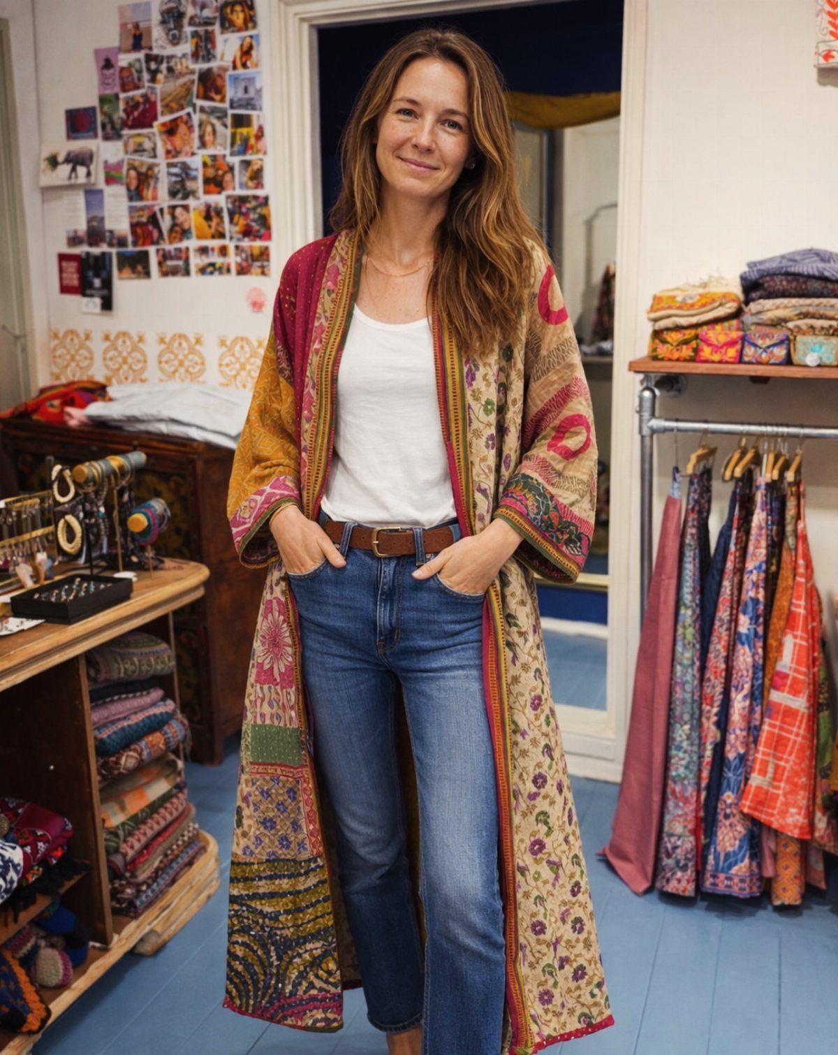 A woman wearing a long, colorful patterned kimono over a white top and blue jeans.