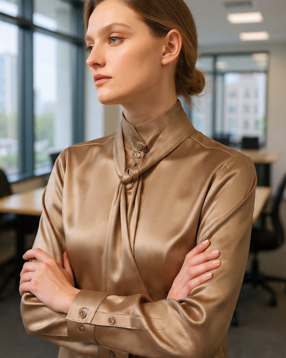 Business Casual Outfits for Work: 8 Polished Ideas 3 A woman wearing a luxurious champagne-colored silk blouse with a high neck and buttoned cuffs.