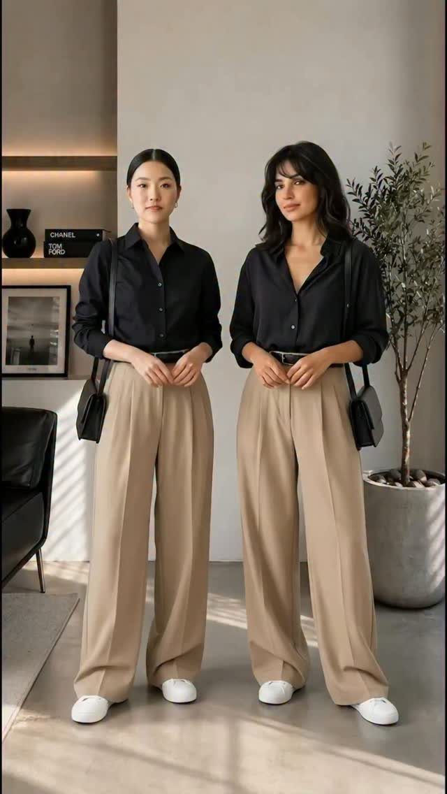 Business Casual Outfits for Work: 8 Polished Ideas 2 Two women posing in black shirts and tan wide-leg trousers with white shoes.