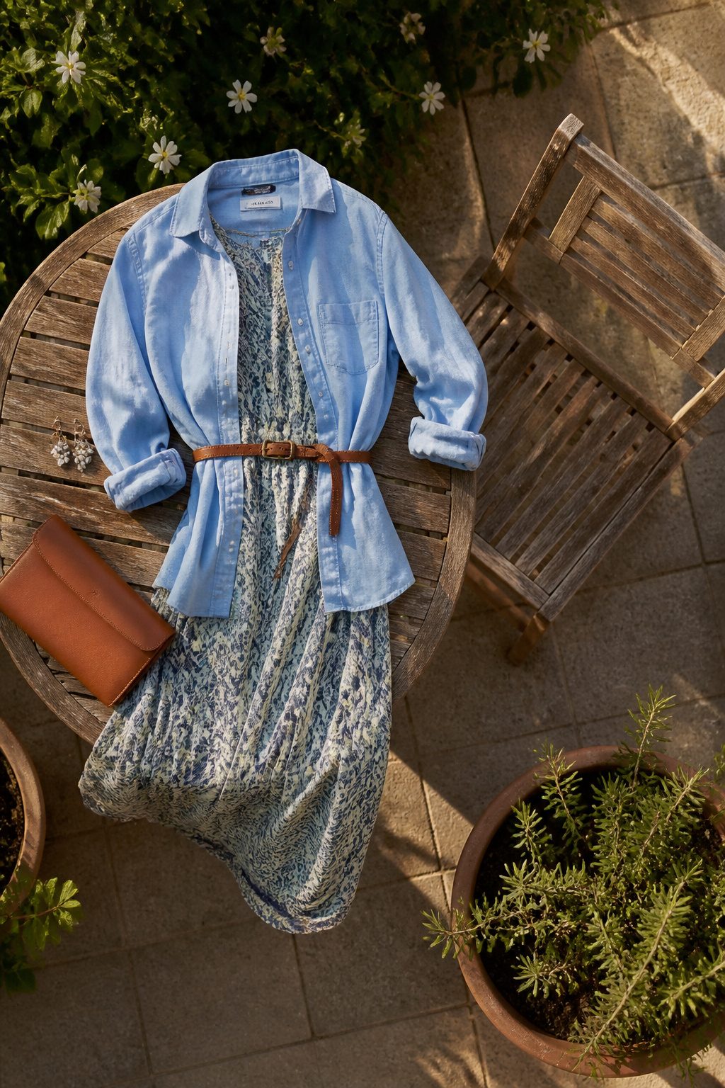 6 Ways to Wear a Button Down Over a Dress 8 A belt and jewelry complement a button-down over a dress.