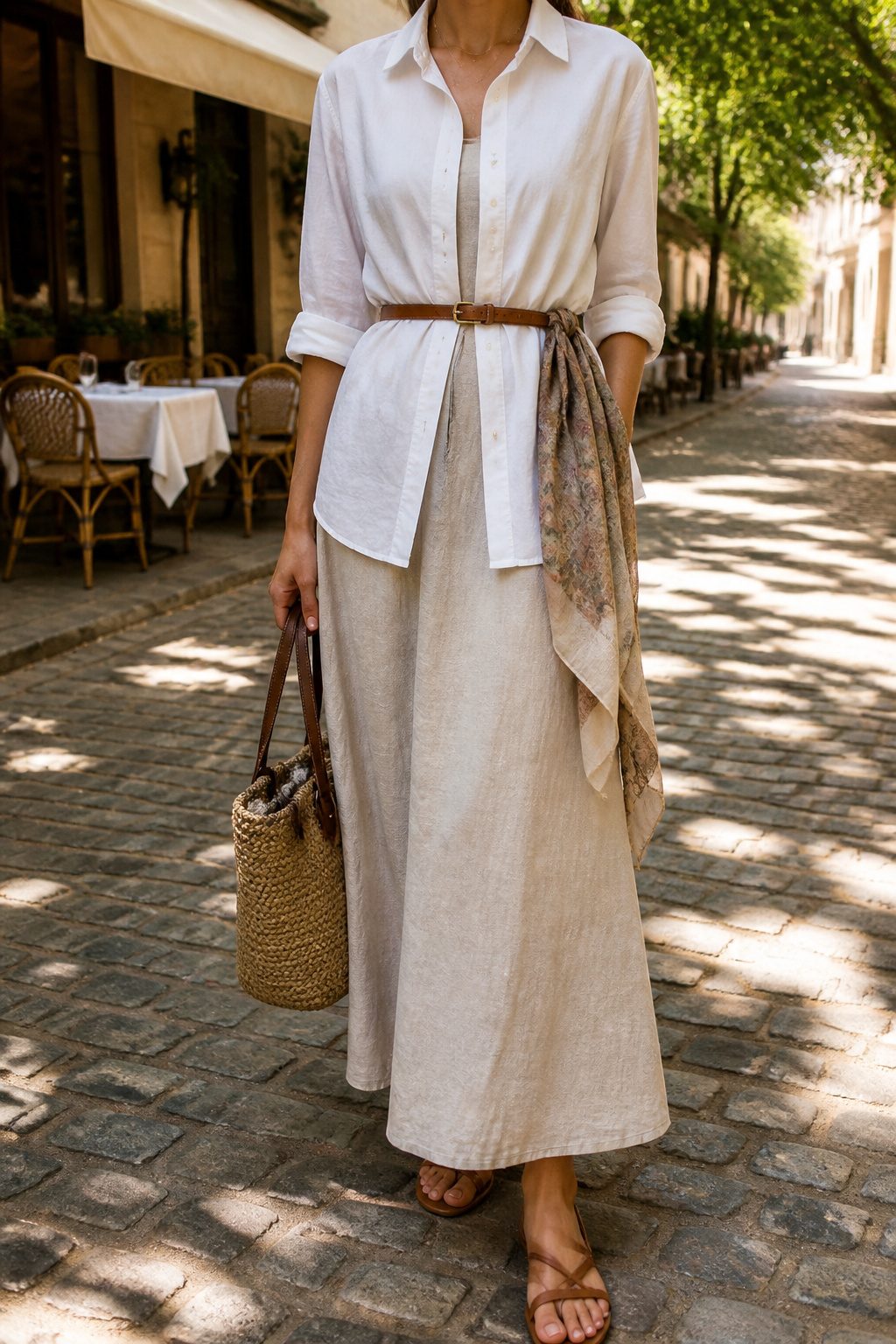 6 Ways to Wear a Button Down Over a Dress 5 A button-down shirt belted over a maxi dress.