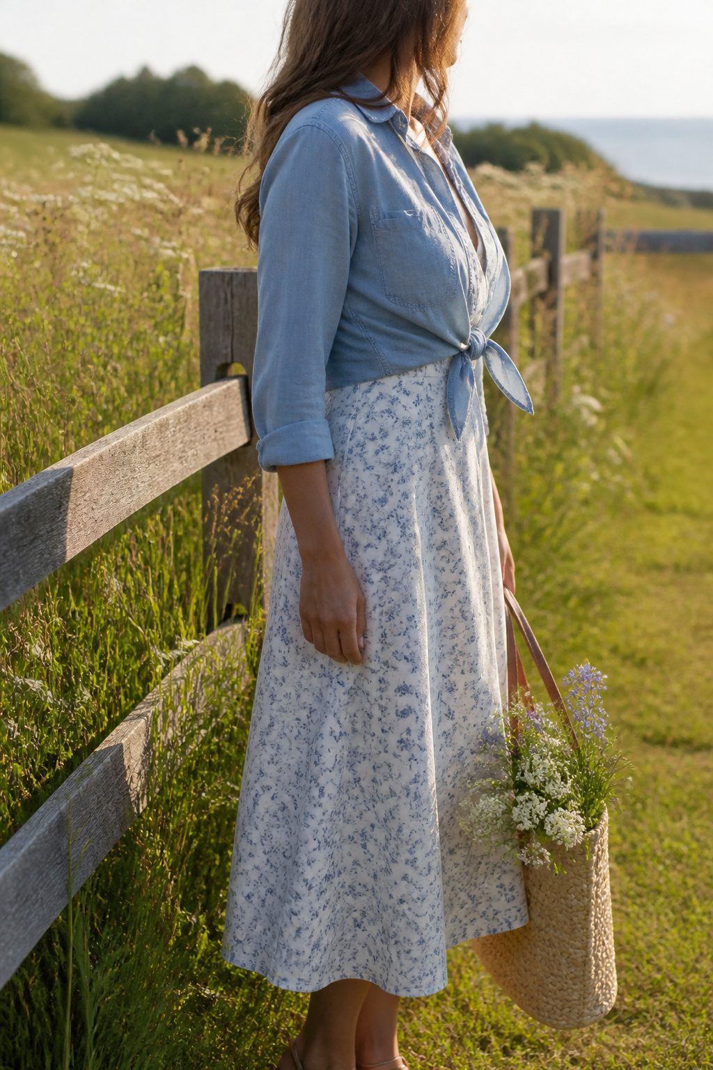 6 Ways to Wear a Button Down Over a Dress 2 A knotted chambray shirt over a fitted A-line dress.