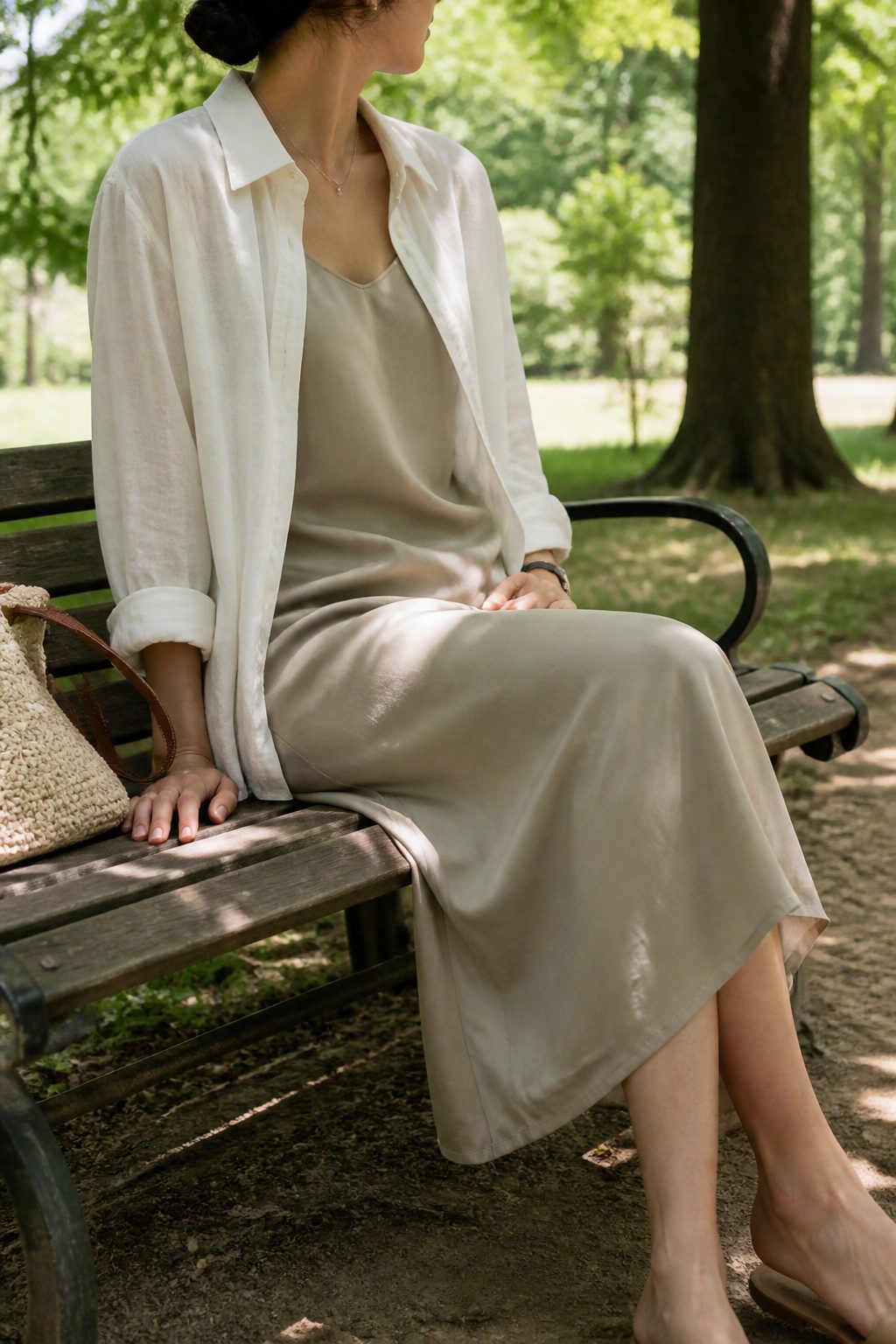 6 Ways to Wear a Button Down Over a Dress 1 A loose white shirt over a mid-calf slip dress.