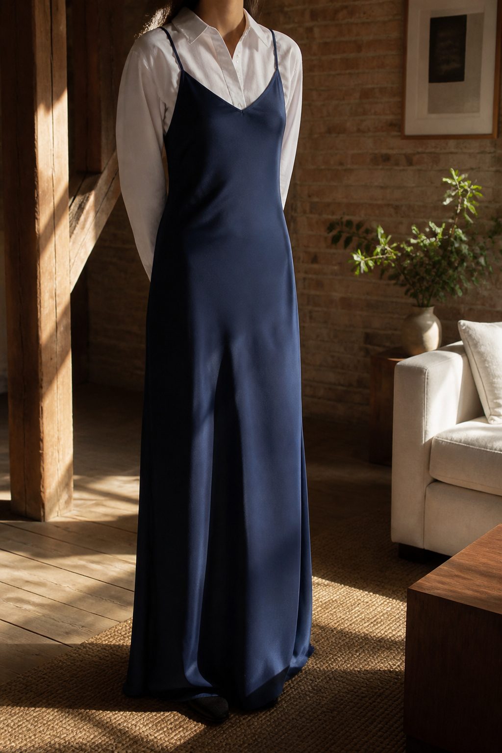 6 Ways to Wear a Button Down Over a Dress 6 A blue slip dress worn over a white button-down shirt.