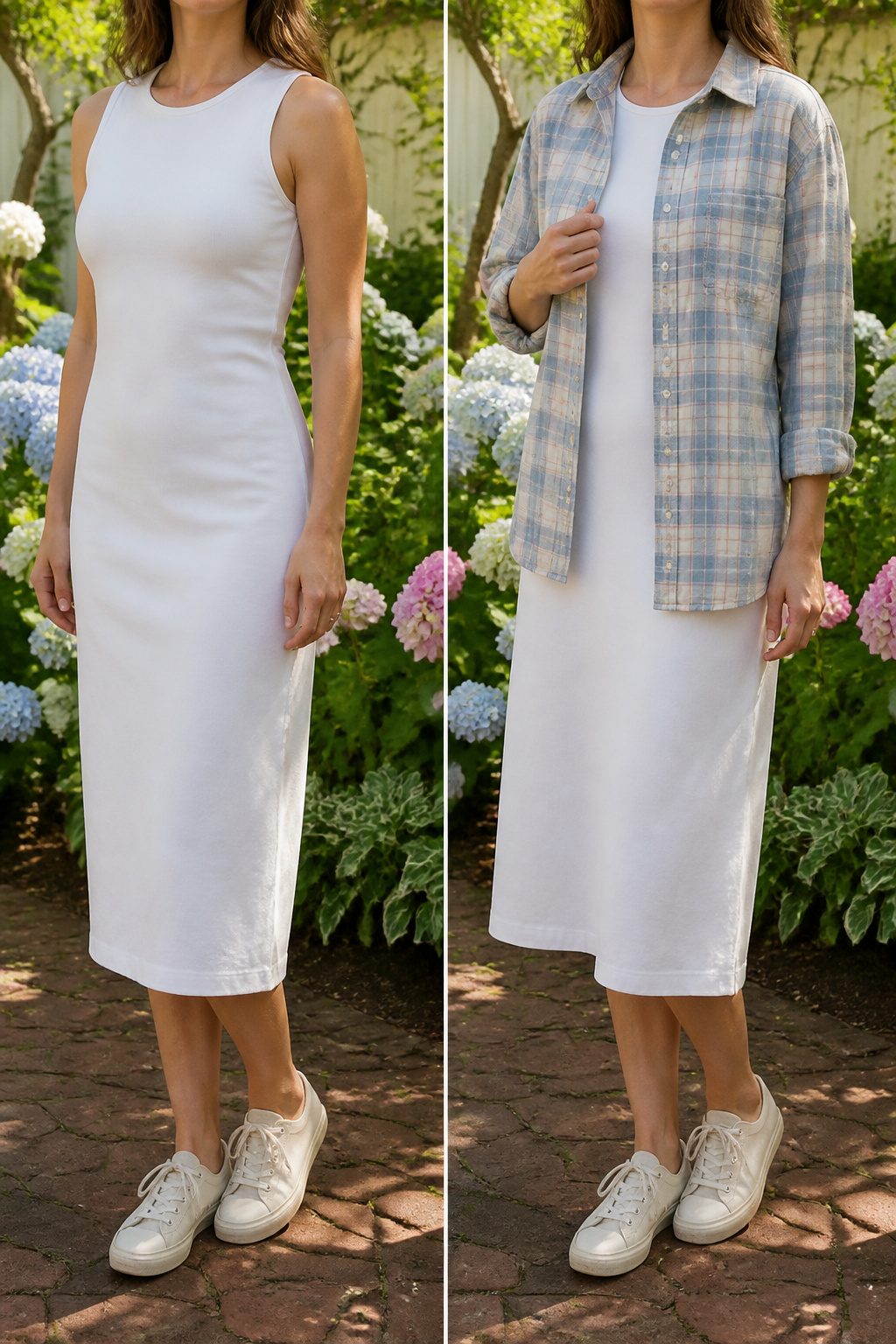 6 Ways to Wear a Button Down Over a Dress 7 A crew neck dress under a button-down shirt.