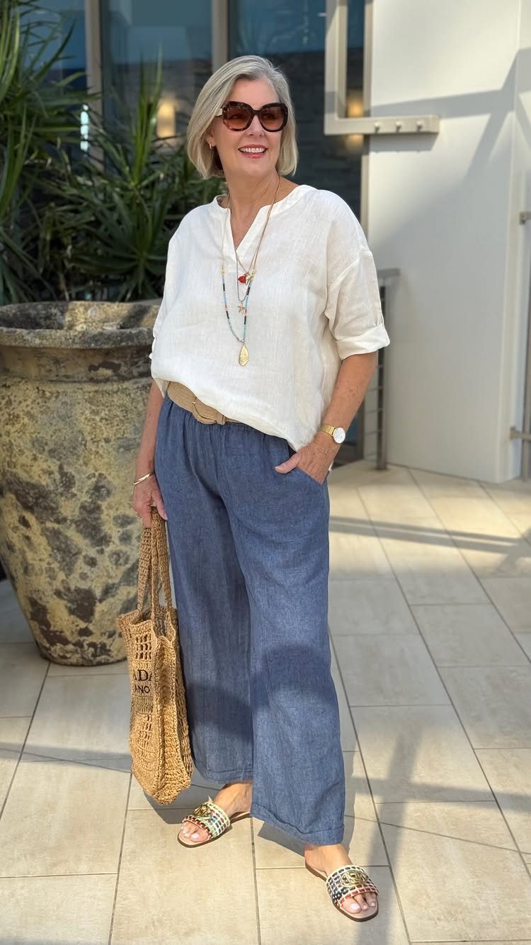 Woman wearing a white linen blouse and wide-leg blue linen pants with straw bag.