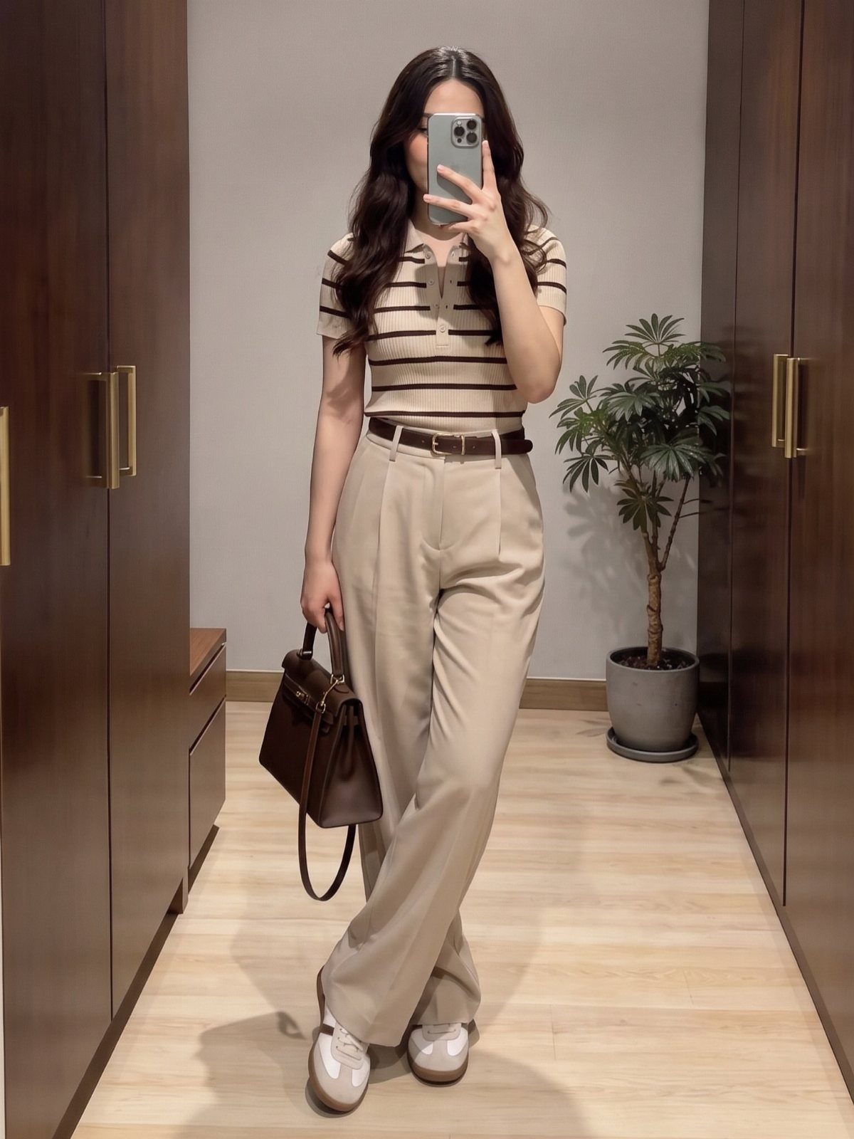 Woman wearing a striped polo shirt and beige khaki trousers with white sneakers.