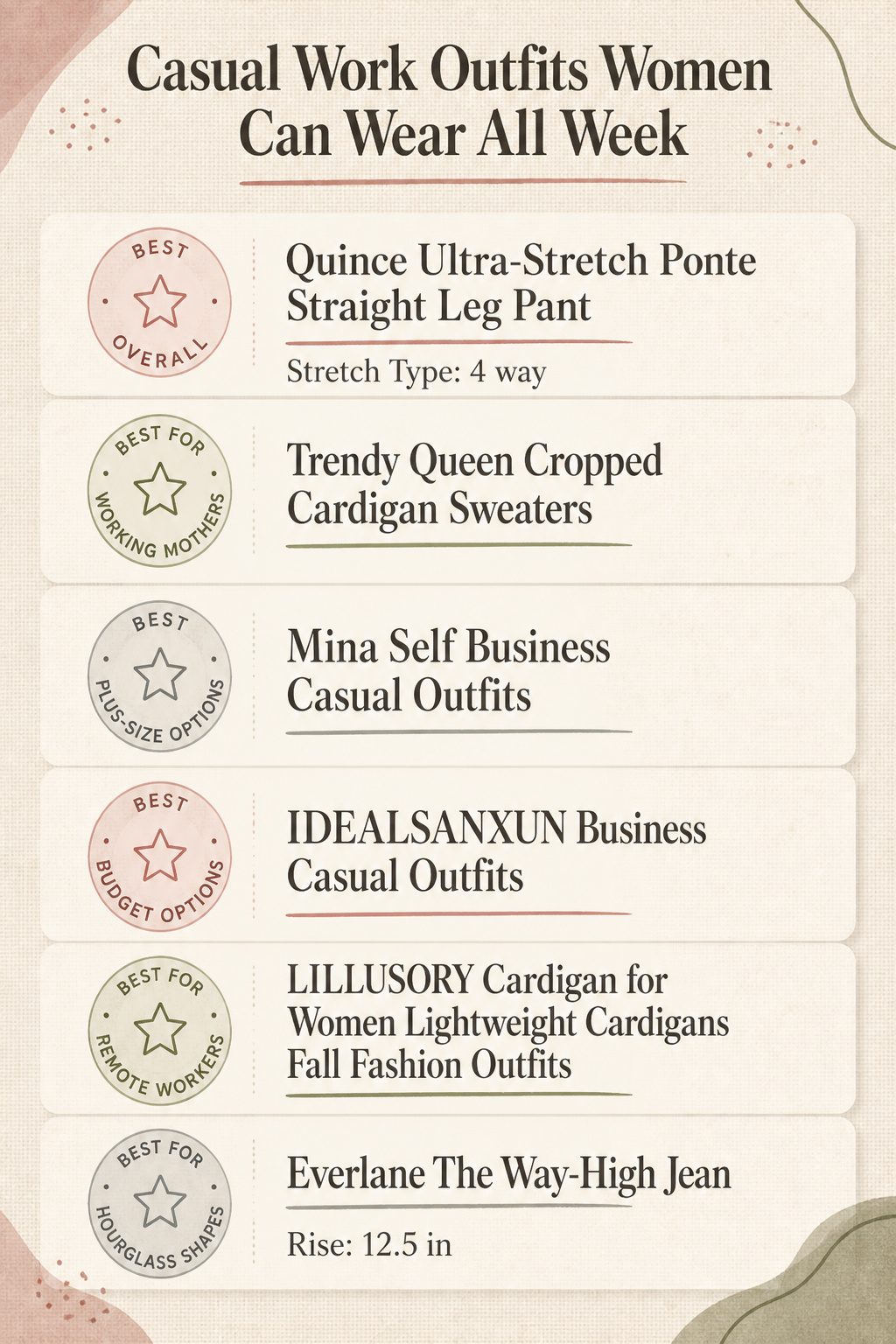 An infographic comparing various casual work outfits for women.