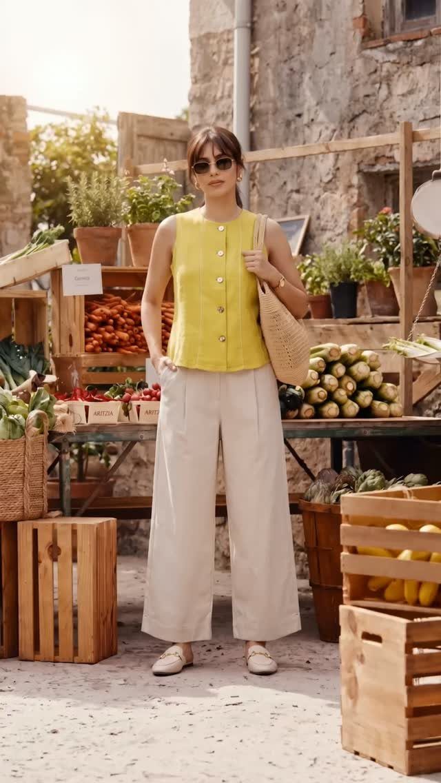 10 Chic Summer Outfits: Sandals, Linen, Dresses and More 2 Woman in a yellow top and beige wide-leg trousers standing in an outdoor market.