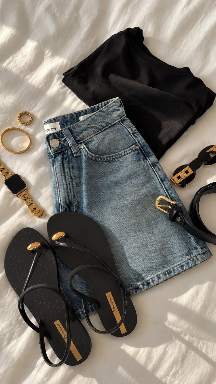 10 Chic Summer Outfits: Sandals, Linen, Dresses and More 1 Black flip-flop sandals laid over blue denim shorts and a black top on white fabric.