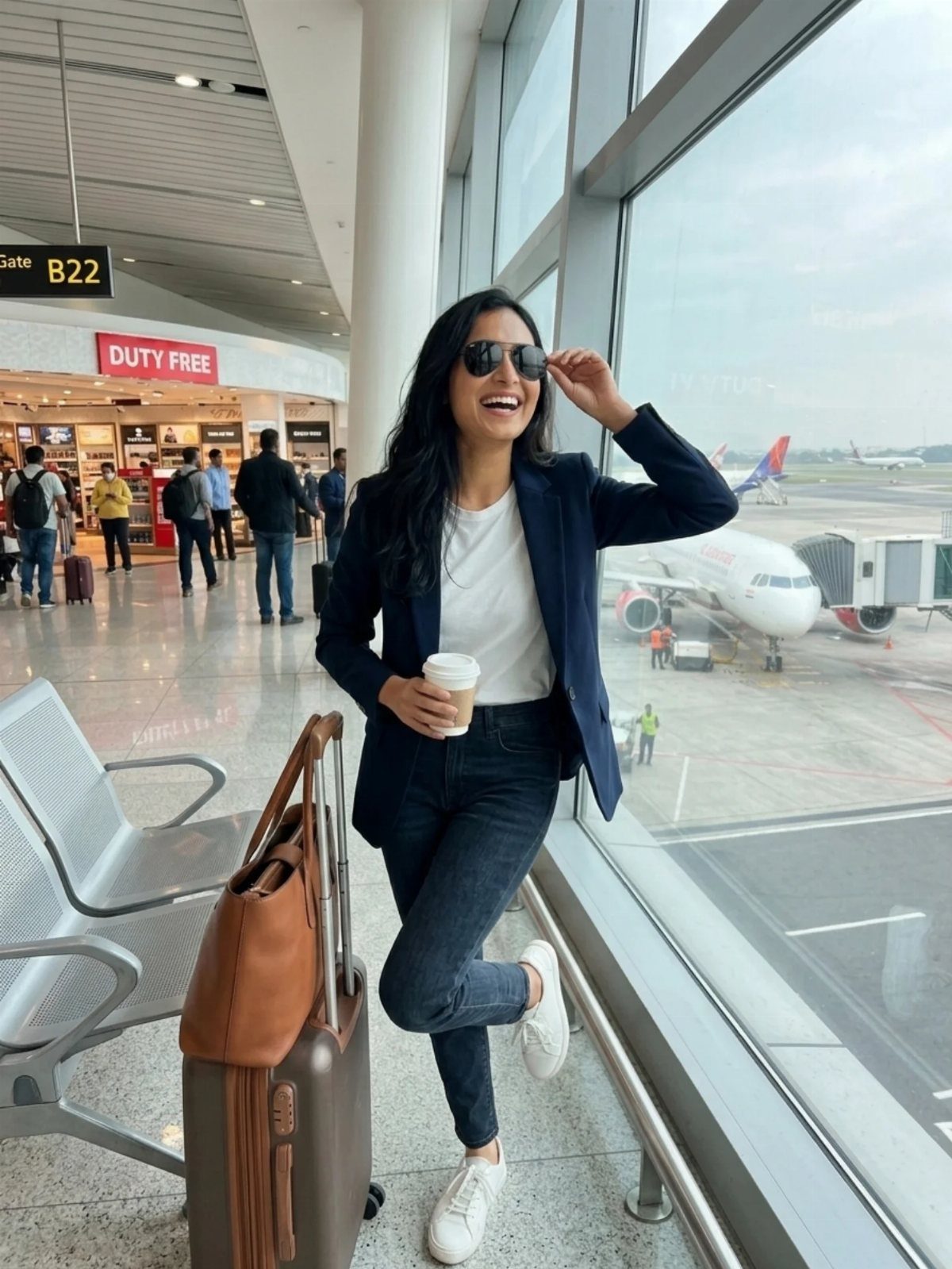 Chic Travel Outfits for Women: 14 Stylish Ideas for 2026 7 Woman in navy blazer and skinny jeans posing with luggage in an airport terminal.