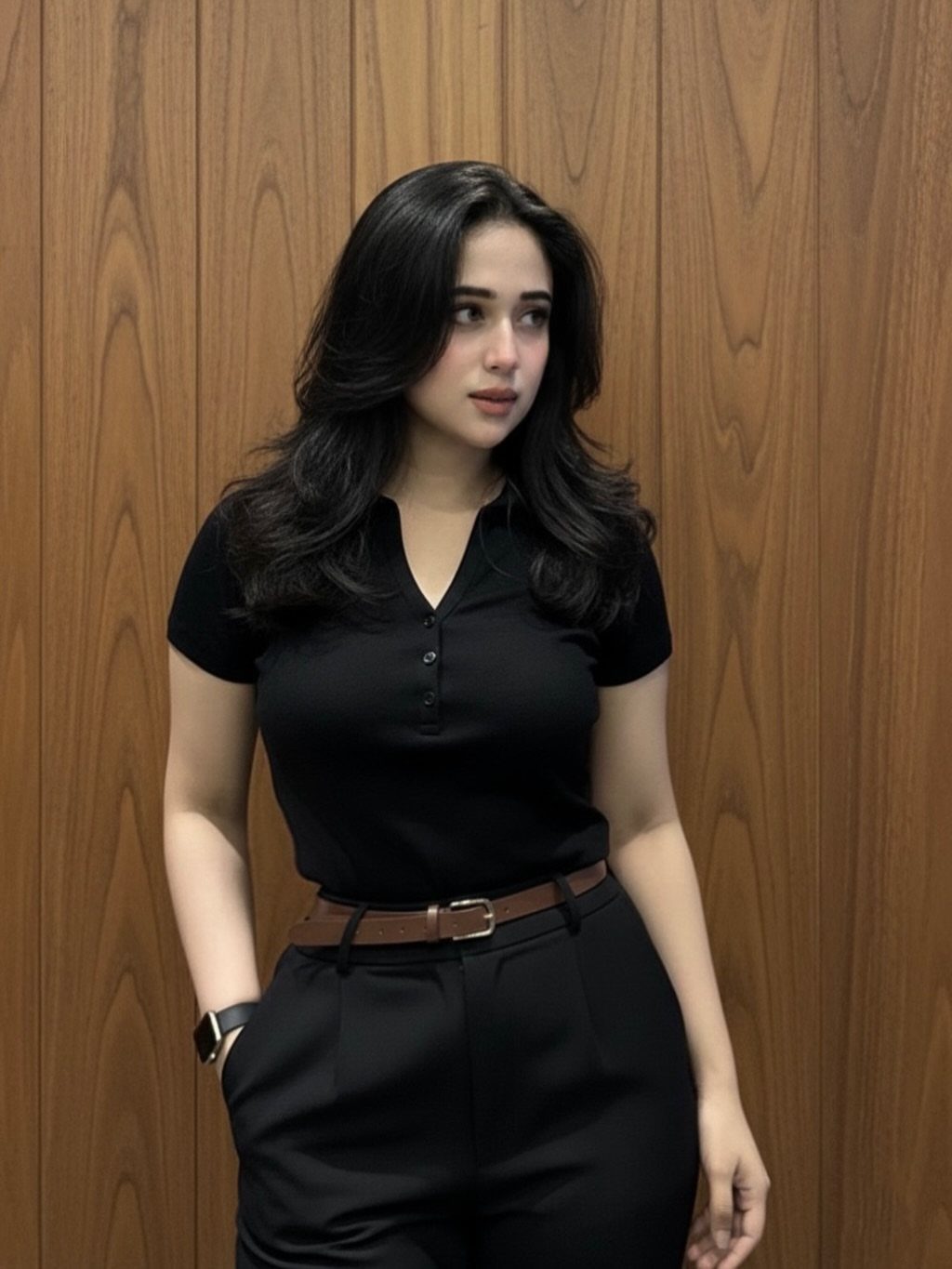 26 Classy Date Outfits From Casual to Elegant 22 Woman wearing a black blouse and black trousers against a wood-paneled wall.