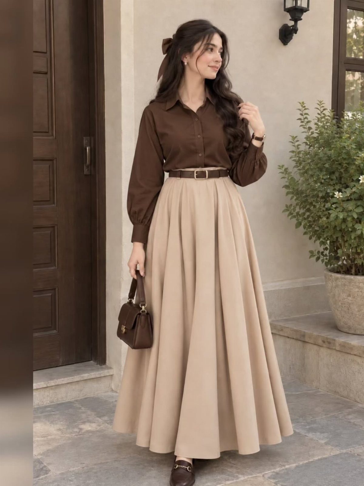 26 Classy Date Outfits From Casual to Elegant 23 Woman in a brown blouse and long beige A-line skirt holding a brown handbag.