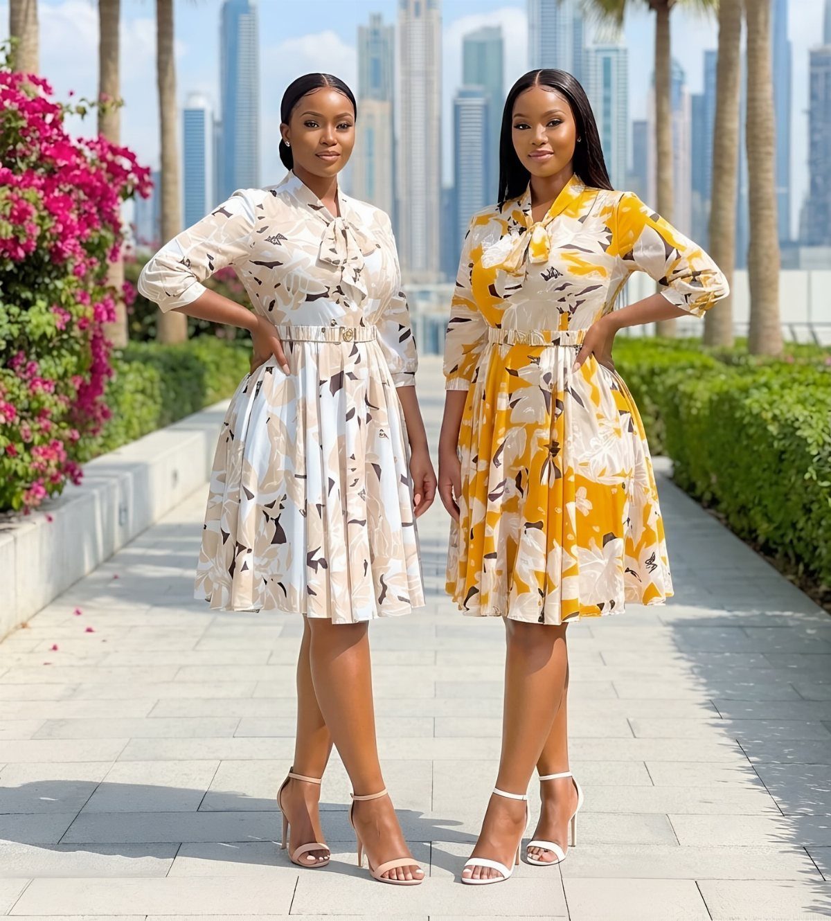 26 Classy Date Outfits From Casual to Elegant 13 Two women wearing different colored floral print dresses standing on a city walkway.