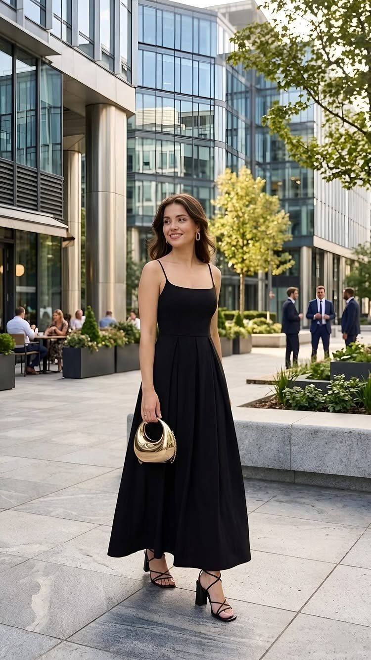 26 Classy Date Outfits From Casual to Elegant 6 Woman in a black maxi dress and gold handbag standing in a city plaza.
