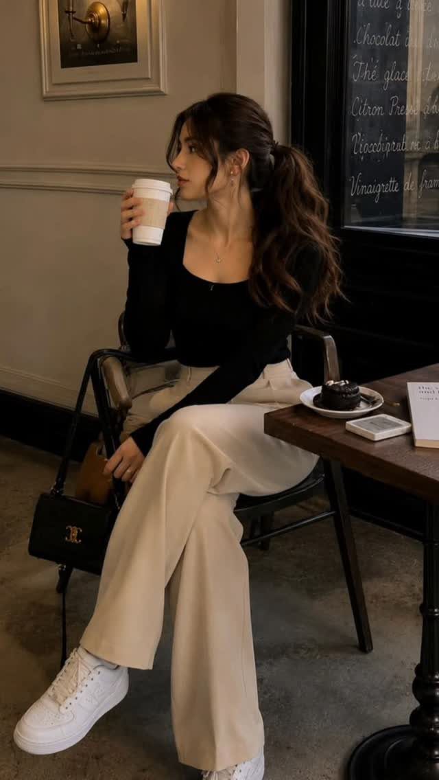 26 Classy Date Outfits From Casual to Elegant 18 Woman in black top and wide-leg cream trousers sitting at a cafe table.