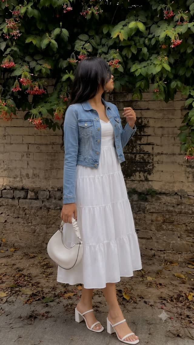 26 Classy Date Outfits From Casual to Elegant 3 Woman in a white tiered midi dress and denim jacket with white heels.