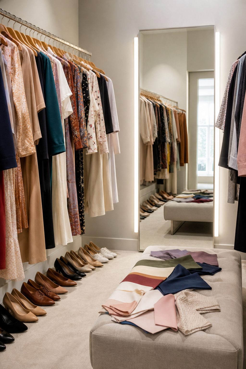 A bright clothing store with various garments displayed on racks.