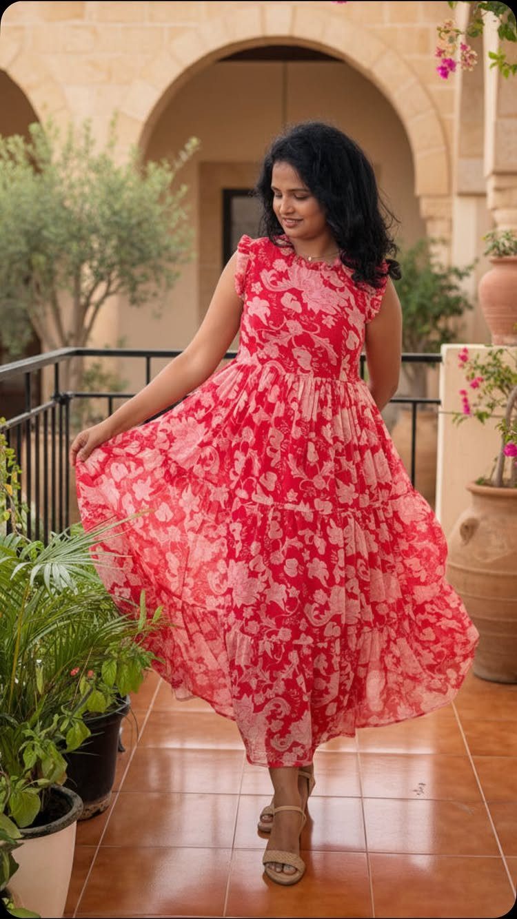 Woman in a red floral tiered maxi dress standing on a sunny stone balcony.