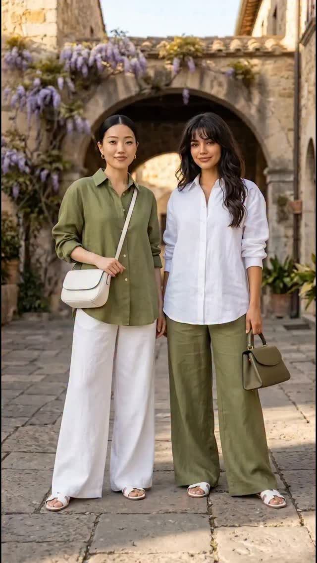 Two women wearing linen button-down shirts and wide-leg pants in a stone courtyard.