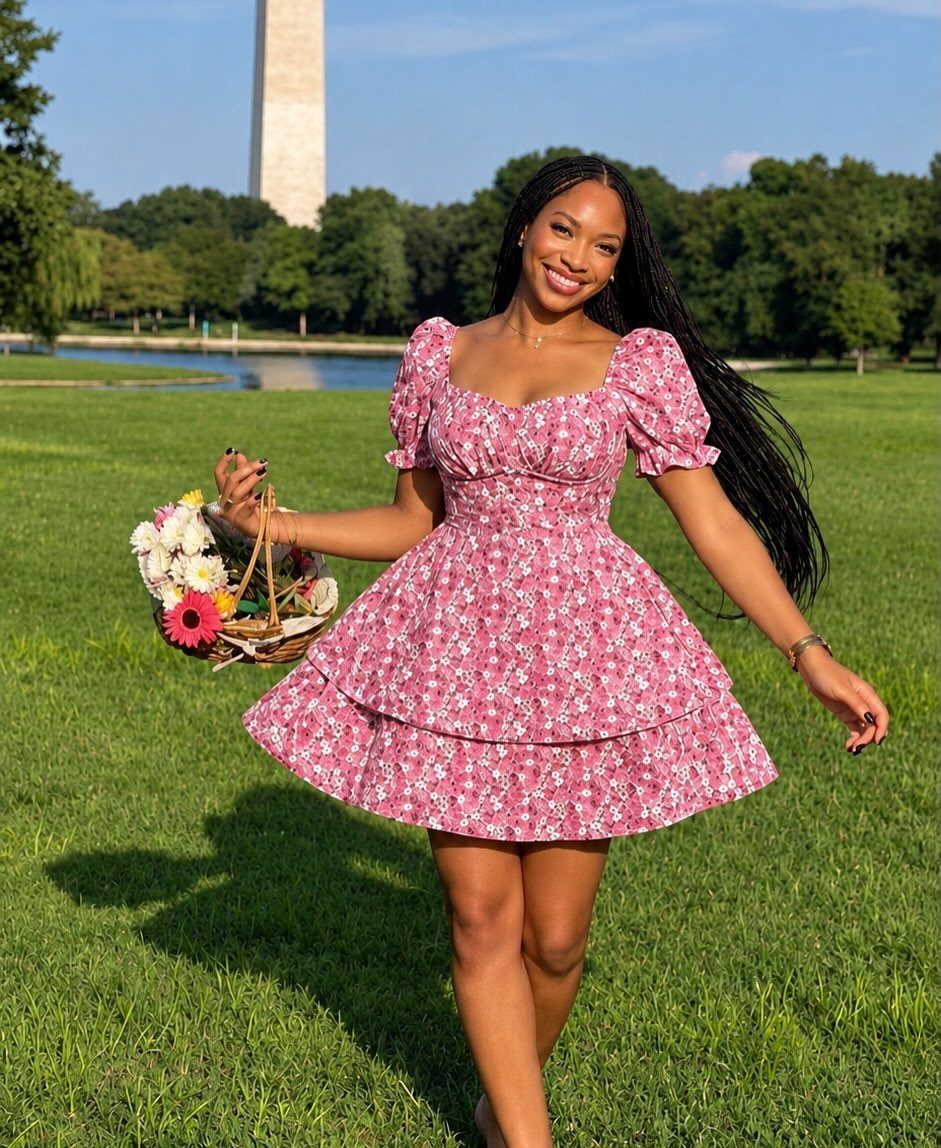 Woman in a pink floral puff-sleeve sundress holding flowers on a sunny lawn.