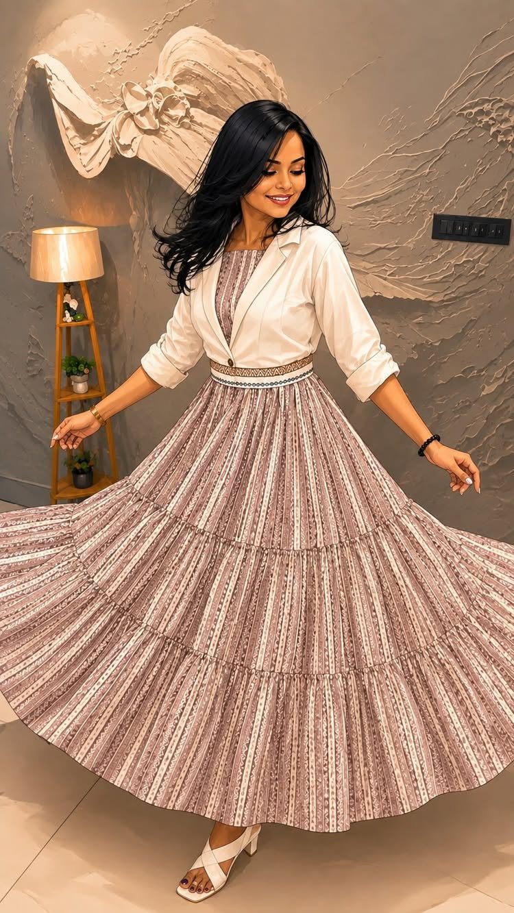 Woman in a tiered patterned maxi dress and white shirt posing indoors.